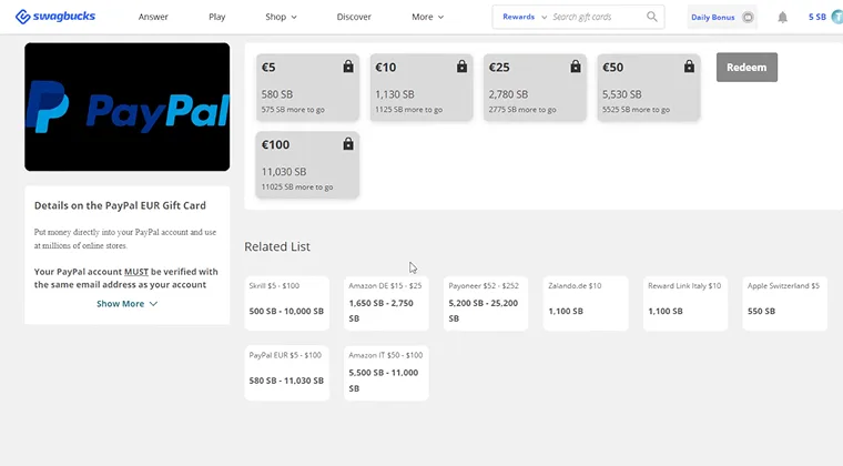 Swagbucks Canada Review dashboard overview